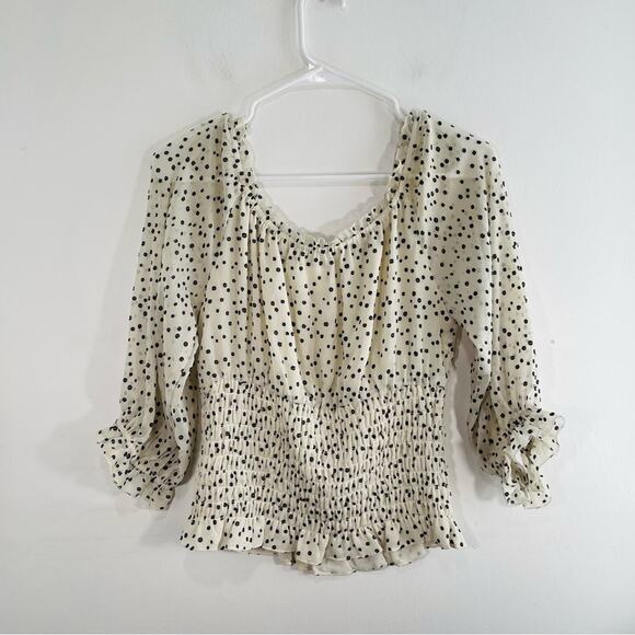 Anthropologie Lucia Black White Polka Dot Smocked Off Shoulder Blouse Top Small - Picture 13 of 16